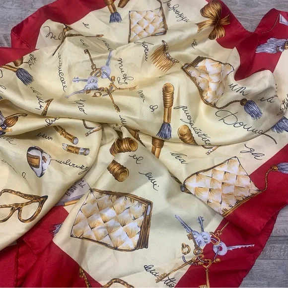 VTG Jones New York 100% Silk Rolled Edge Printed Scarf Perfume Tassel Key Square - Picture 10 of 11